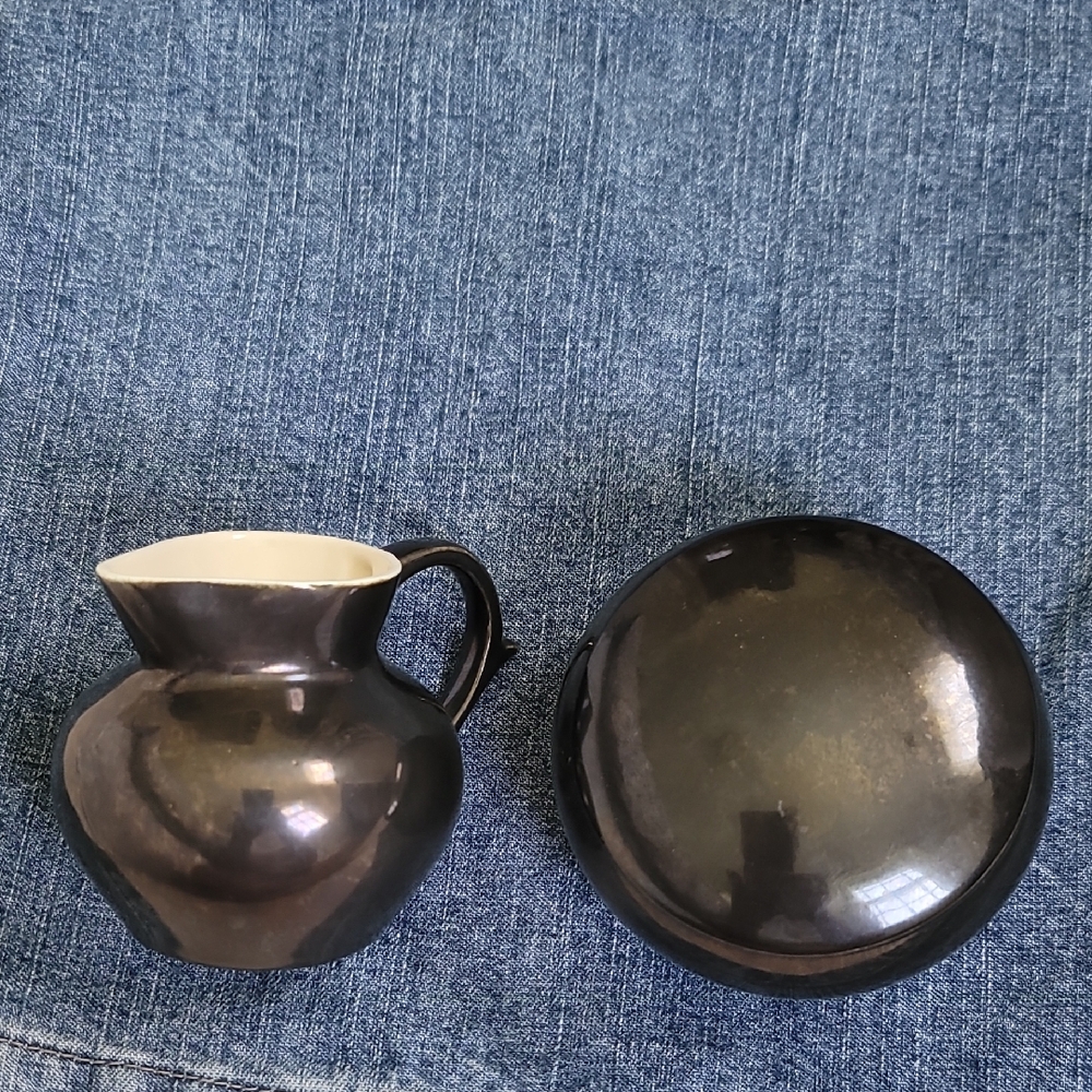 Vintage Black Ceramic Pitcher and Sugar Bowl Set